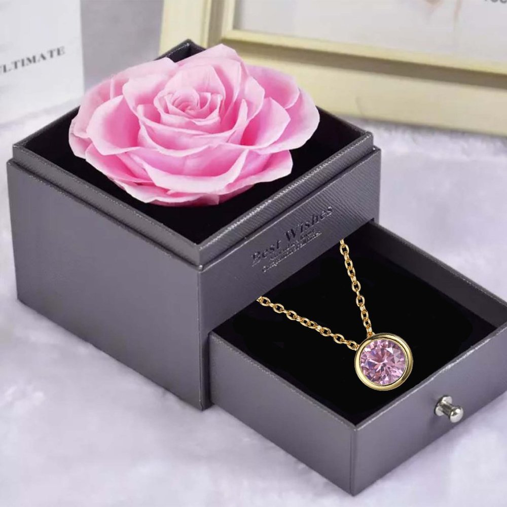 Preserved Rose In a Acrylic Box with Gold Plated October Birthstone Necklace